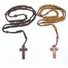 Atacado - Homens Mulheres Católicos Cristo de Madeira 8mm Rosário Bead Cross Pingente Tecido Corda Colar Preto / Brown / Bege / Ligt Brown