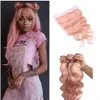 Fasci di capelli umani in oro rosa con chiusura frontale in pizzo Trame di capelli ondulati rosa con chiusura frontale in pizzo Tesse di capelli umani rosa