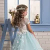 Muito Lace Pequena Noiva Flower Girl Dresses Mangas Curtas Com Borboleta Bonito Sweep Train 2017 Crianças Glitz Pageant Prom Party Vestidos