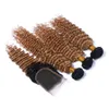 Fermeture de dentelle blonde miel foncé avec 3 paquets 1b 27 vague profonde Brésilien Virgin Curly Tesaves Extension de cheveux 4pcs