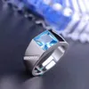 Anillo de hombre de topacio azul 100% natural, anillo de piedras preciosas de plata clásico para hombre, anillo de topacio neutro de plata 925 sólida de 8mm * 8mm