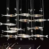 Modern Pendant Lamps Glass Fly Fish Ceiling Light Swarm Chandelier Living Room Crystal Cognac Color Fishes