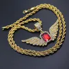 Hip Hop Angel Wings with Big Red Ruby Pendant Necklace for Men Women Iced Out Jewelry268t