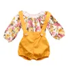 Novo Estilo Bebê Recém-nascido Meninas Roupas de Manga Longa Floral Romper + Calças Gerais 2 PCS Bebê Meninas Roupas Crianças Conjuntos de Roupas de Outono