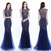 Navy Blue Cekiny Beading Prom Dresses 2017 Sheer Powrót Tulle Syrenki Suknie Wieczorowe Ruffles Długość podłogi Prawdziwe zdjęcia Formalna sukienka imprezowa