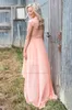 Nieuwe Perzik Kant Bruidsmeisjes Jurken voor Land Bruiloft A-lijn Hoge Hals Hi-Lo Chiffon Bohemian Beach Wedding Party Avondjurken