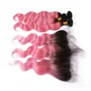 Capelli umani peruviani vergini neri e rosa a due toni Ombre 3 fasci di estensioni con chiusura frontale in pizzo rosa Ombre 13x4 con onda del corpo