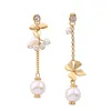 Fashion Wholesale Costume Jewelry Gold Leaves Pearl Beads Long Dangle Asymmetric Earrings for Women Pendientes Mujer Moda