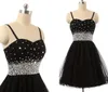 Little Black Short Prom Dress Sweetheart Spaghetti Bandjes Tule Party Jurken Kleurrijke Kristallen Lace-Up Back Homecoming Jassen