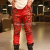black red pants Rossoneri color rivet tight leather pants low-waist plaid male slim skinny pants male for singer dancer bar