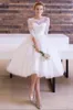 Charming Knee Length Wedding Dress Informal Short Summer Lace Tulle Bridal Gowns with Illusion Neck and Sash