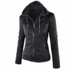 Wholesale free shipping Womens New Faux Twinset Detachable Hat Autumn Winter Faux Leather Slim Jacket Hoodie Hooded Zip-up Pockets Outerwear