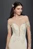 NEU! Krepp-Hochzeitskleid mit Spitzen-Schleppe, charmantes Illusions-Oberteil, perlenbesetzte Meerjungfrau-Kleider, Brautapplikationen SWG763