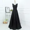 Gothic Vintage Black Lace Druhna Dress A-Line V Neck Rękawicowy gorset Powrót Lace-Up Wedding Goście Suknie Piętro Długość Maid of Honor