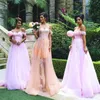 Elegant Pink Long Bridesmaid Dresses With Lace Applique Off Shoulder Evening Dresses Back Zipper A-Line Custom Made Tiered Bridesmaid Gowns