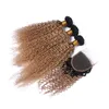 Wefts Kinky Curly Light Brown Ombre 4x4 Lace Closure With 3 Bundles Two Tone 1B/27 Honey Blonde Peruvian Human Hair Weaves With Closure