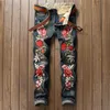 Men's Jeans Wholesale- Gmancl Personality Embroidery Beauty Badge Patch Flowers Ripped Distressed Men Biker Hip Hop Denim Casual Pants