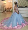 Bebek Mavi 3D Çiçek Masquerade Balo Quinceanera Elbiseler Lüks Katedrali Tren Çiçekler Balo Abiye Tatlım Kızlar 16 Yıl Elbise