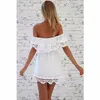 Mode vrouwen Elegante Vintage zoete kant witte Jurk stijlvolle sexy schuine hals casual slanke strand Zomerjurk vestidos