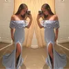 Dusty Blue Prom Dresses Sexy Lace Off The Shoulder Side Split Evening Gowns Cheap Meramaid Formal Party Dress Custom Made