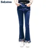 Sokotoo Sokotoo para mujer Tasel Flare Flare Fringe Jeans Fashion Slim Skinny Stretch Deuim Pants Black Blue Noveno Capri