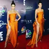 Sexy Kendall Jenner Celebrity Jurken Hoge Kant Split Strapless Ruches Satijn Vloerlengte 2019 Mode Goedkope Prom Jurken Avond Feestjurk