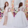 Billiga Lace Applique Flower Girl Dresses Cap Sleeve Juvel Neck Avtagbar Tåg Sheath Communion Klänning för tjejer