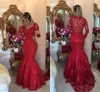 Röda aftonklänningar Sexig skopa halsringning Långa illusionärmar med Applique Mermaid Custom Made Formal OCN -klänningar Sweep Train 2017
