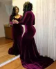 Plus Size Velvet Long Sleeves Purple Prom Dresses Mermaid Sexy V-neck Black Girls Formal Dress Court Train Long Evening Gowns292t