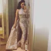 Yousef Aljasmi 2019 Modest High Neck Mermaid Prom Klänningar med Overskirt Sparkly Lace Applique Dubai Arabiska Tillfälle Kvällsklädsel
