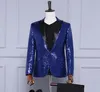 Gratis verzending Mens Navy Blauw / Licht Gouden / Rood Volledige Lovertjes Tuxedo Jacket / Stage Performance Jacet / CAN Douane