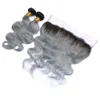 Virgin Peruvian 1B Grå Två Ton Kroppsvåg Mänskliga Hårväv Med 13 * 4 Full Lace Frontal Stäng Silver Grå 1B Ombre Hårbuntar