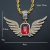 Full CZ Iced Out Angel Wings Red Ruby Pendant Necklace Gold Plated Hip Hop Bling Bling 30inch Rope Chian Jewelry