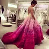 Gorgeous Gradient Fuchsia Evening Dresses Sexy Spaghetti Puffy Ruffles Chapel Trian Prom Party Dress Bridal Vestidos Red Carpet Evening Gown