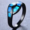 Anillo de ópalo de fuego azul para hombre y mujer, anillos de compromiso de boda Vintage para hombres y mujeres, joyería de moda con relleno de oro negro