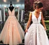 Suknia balowa Real Prom Dresses 2017 V Neck Sheer Paski Appliqued Lace Tulle Długość podłogi Backless Blush Różowe Formalne Suknie Wieczorowe z Sashes