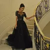 Black Sheer Neck Prom Dresses Short Sleeves Lace Appliques Full Length Ruched Tulle Dresses Evening Wear Saudi Arabic Formal Vestidos