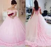 Precioso vestido de noche largo 2019, vestido de baile hinchado, manga casquillo, flores hechas a mano, rosa claro, vestidos de quinceañera de estilo árabe para mujer