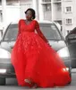 Nova Moda Plus Size Vermelho Vestidos de Baile Com mangas Compridas Sexy V Pescoço Rendas Apliques Vestidos de Noite de Tule Até O Chão Formal Vestido de festa