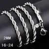 Toppkvalitet 925 Sterling Silver Män Kvinnor Twist Rope Chain Halsband 2mm 16inch / 18inch / 20inch / 22inch / 24inch