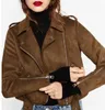 Chic marron Faux daim veste 2016 automne femmes court moto Biker veste revers fermeture éclair taille réglable lâche manteau vêtements d'extérieur