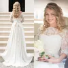 Une ligne robe de mariée modeste avec manches Country Illusion Lace Bateau Neck V Back Zipper up Robes de mariée avec train de balayage et ceinture