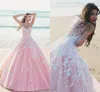 Vestido de Baile rosa Quinceanera Vestidos Colher Sheer Straps Apliques Florais Tule Até O Chão Prom Vestidos Doce 16 Vestidos