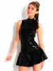 Plus Storlek S-5XL Sexig Kvinnor Bodycon Black Mini Dress PVC Ärmlös Slank Catsuit Zipper Front Stripper Kostym Party Dancing Clubwear