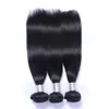 Brazilian Straight Human Virgin Hair Weaves 3 bundles With Lace Frontal 13x4 Ear To Ear Lace Frontal Double Wefts Natural Black Hair