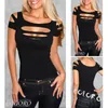 Atacado- moda camiseta para mulheres exposição noir buste buraco femmes sexy clube chemise sólido preto curto tops t-shirt outono-verão