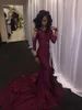 Luxe Bourgondië Zuid-Afrikaanse Mermaid Prom Dresses 2017 High-hals Gouden Applicaties Ruches Tiered Receptie Lange Mouwen Avondjurk Goedkoop