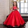 Tutu robe de bal rouge robes de fille de fleur sur mesure 2017 élégant Satin romantique Appliques enfant robe de noël arc filles