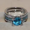 choucong Fashion Jewelry 925 Sterling Silver Aquamarine Gemstones Round Cut Birthstone Wedding Women Engagement Bridal Finger Ring Set Gift
