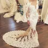 2019 Zuhair Murad Lace Bröllopsklänningar Långärmade Sheer Neck Pärlor Mermaid Bröllopsklänningar Sweep Train Vår Sommar Real Image Bridal Dress